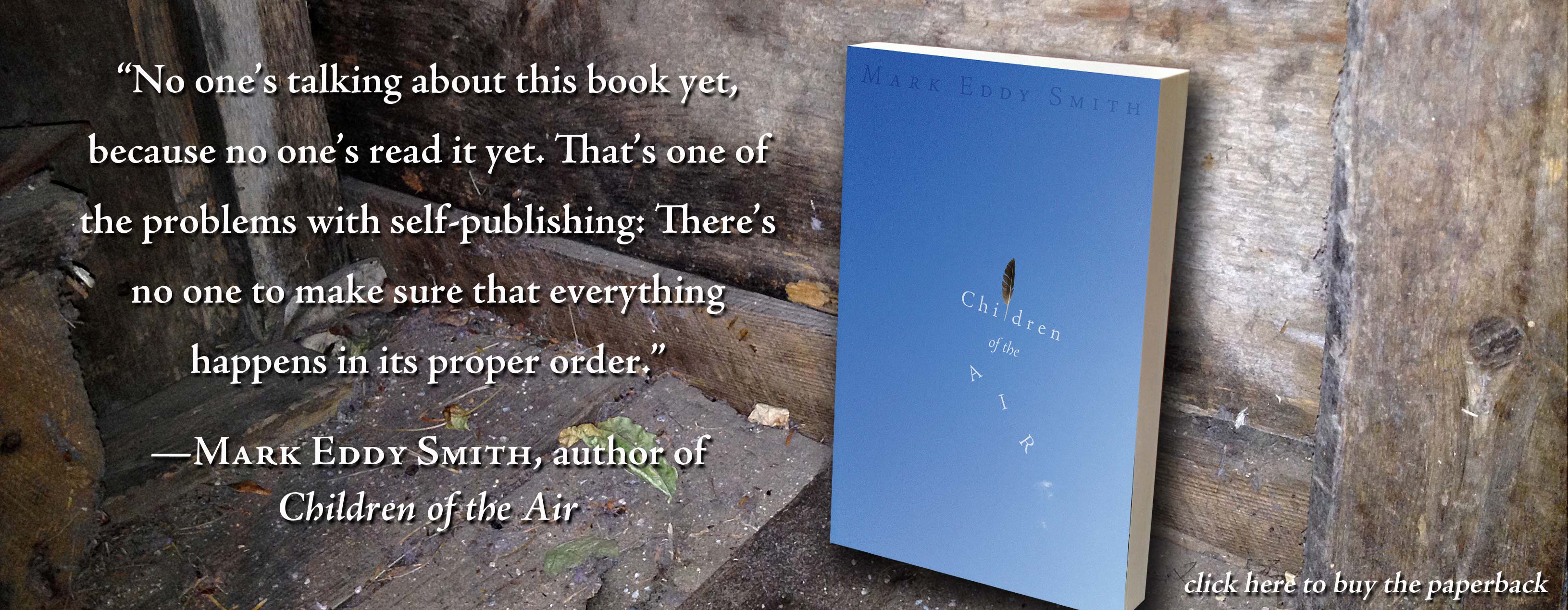 “No one’s talking about this book yet, because no one’s read it yet. That’s one of the problems with self-publishing: There’s no one to make sure that everything happens in its proper order.” —Mark Eddy Smith, author of Children of the Air